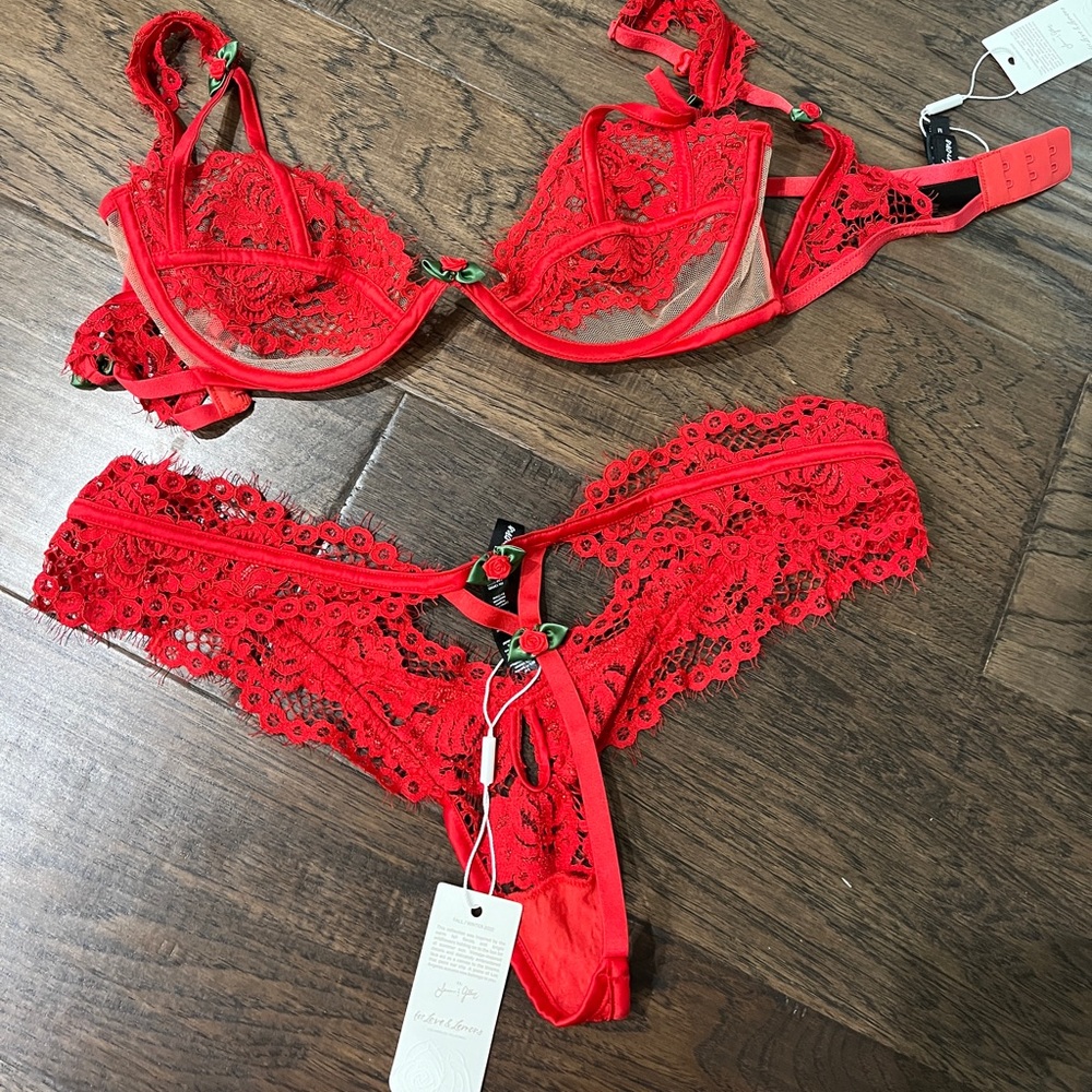 For Love And Lemons Red Lace Bra and Panty Set